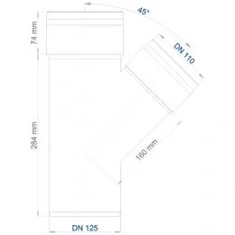 Technisches Diagramm einer Rohrverschraubung mit 45°-Abzweigung: vertikale Hauptleitung DN 125, Seitenauslass DN 110, mit Abmessungen 74 mm, 284 mm und 160 mm.