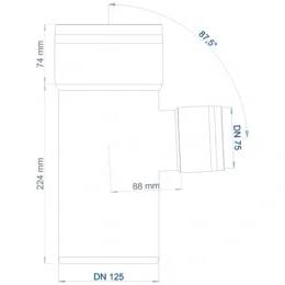 Technisches Schaubild einer Rohrarmatur, die einen Reduzierstein von DN 125 auf DN 75 zeigt, mit den Abmessungen 224 mm, 74 mm, 88 mm und einem Winkel von 87,5°.