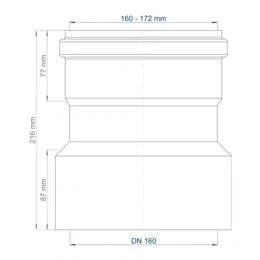 Technische Zeichnung einer Rohrverschraubung mit den bezeichneten Abmessungen 160-172 mm Breite, 216 mm Höhe und DN 160 an der Basis.