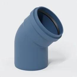 Blauer abgewinkelter PVC-Rohrbogenfitting auf weißem Hintergrund, dargestellt in 3D-Produktansicht.