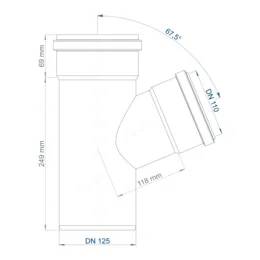 Technische Zeichnung einer Rohrarmatur mit einem 67,5°-winkligen Abzweig, bezeichnet mit DN 125, zeigt Abmessungen von 249 mm Höhe, 69 mm oberer Abschnitt, 118 mm Abzweiglänge und Ø110-Auslass.