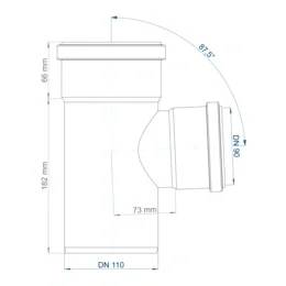 Technische Zeichnung einer Rohrleitungsarmatur Tee: Hauptvertikalbereich DN 110 mit Seitenabzweigung DN 90 unter 87,5°, zeigend die Abmessungen 162 mm, 66 mm und 73 mm.