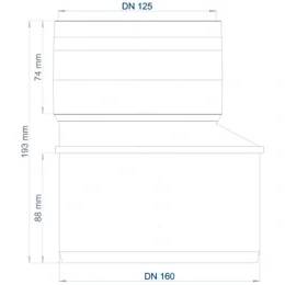 Technische Maßzeichnung eines Rohrreduziers: DN 125 oben zu DN 160 unten, mit Höhen gekennzeichnet 74 mm, 193 mm und 88 mm.
