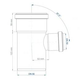 Technische Zeichnung einer Rohrverschraubung mit vertikal angeordnetem Hauptkörper und seitlichem Abzweig; beschriftete Abmessungen umfassen DN 90, DN 50, 59 mm, 123 mm, 53 mm und 87,5°.