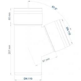 Technisches Diagramm einer Rohrverbindung mit einem 67,5°-Abzweig, gekennzeichnet als DN 110, mit den Abmessungen 65 mm, 207 mm und 97 mm.
