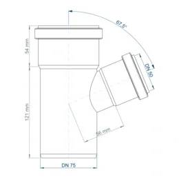 Technische Zeichnung einer Rohrverschraubung mit vertikalem Hauptkörper und abgewinkeltem Abzweig, bezeichnet als DN 75, 121 mm Höhe mit einer 67,5°-Biegung.