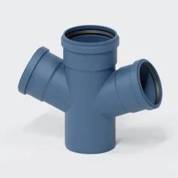 Blau PVC-Rohrverschraubung mit drei offenen Anschlüssen an einer Y-förmigen Verbindung auf weißem Hintergrund