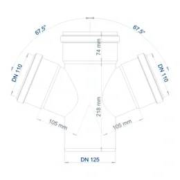 Technische Zeichnung einer Y-förmigen Rohrverschraubung mit beschrifteten Abmessungen DN 125, DN 110, 67,5°, 74 mm, 218 mm und 105 mm an jedem Strang.