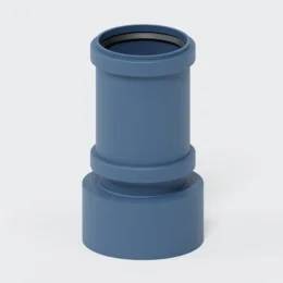 Blauer Kunststoffrohr-Fitting-Adapter mit einer breiteren Basis und schmaler zylindrischer oberer Öffnung auf neutralem Hintergrund.