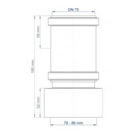 Technische Linienzeichnung einer zylindrischen Rohrverschraubung mit beschrifteten Abmessungen DN 75, Höhe 180 mm, oben 58 mm, unten 52 mm und Breite 78–86 mm.