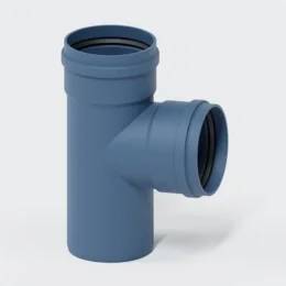 Blaues PVC-Rohrtee-Fitting mit vertikalem Rohr und Seitenzweig, der nach rechts offen ist.