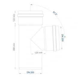 Technische Zeichnung eines DN 200 Rohrkrümmers mit Abmessungen, die einen Winkel von 67,5°, eine Höhe von 388 mm, einen oberen Abschnitt von 122 mm, einen Versatz von 129 mm und DN 200 Durchmesserbezeichnungen zeigt.