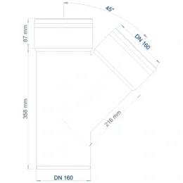 Technische Zeichnung einer Y-förmigen Rohrverschraubung mit der Bezeichnung DN 160, mit einem 45°-Abzweig und den Abmessungen 87 mm, 358 mm und 216 mm.
