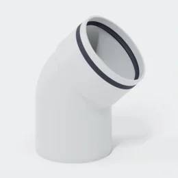 Weiße Kunststoff-45-Grad-Rohrbogenverschraubung mit dunklem inneren Ring auf neutralem Hintergrund.