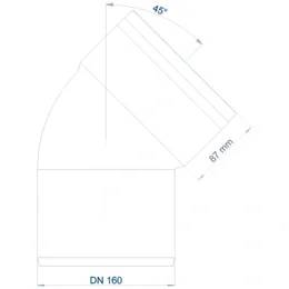 Technische Zeichnung eines Rohrkrümmers mit einem Winkel von 45°, einem Segment von 87 mm und der Größe DN 160.