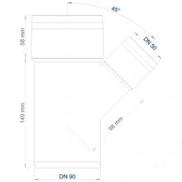 Technisches Schaubild einer Rohrverschraubung mit DN 90 Hauptrohr, 45° geneigtem Stutzen mit Bezeichnung DN 50, mit Abmessungen 148 mm, 58 mm und 98 mm.