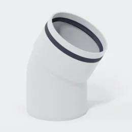 Weißes PVC-Rohrbogen-Fitting mit 45-Grad-Winkel und dunklen Dichtungsringen, dargestellt auf hellem Hintergrund.