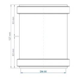 Technische Zeichnung einer zylindrischen Rohrarmatur mit Bezeichnung DN 90, Gesamthöhe 127 mm und Schnittthöhen von jeweils 63 mm über und unter der Mittellinie gekennzeichnet.