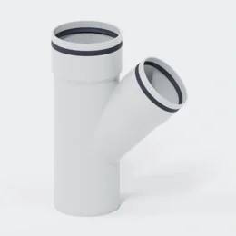 Weiße PVC-Y-Rohrverbindung mit einem vertikalen Einlass und zwei abgewinkelten Auslässen auf hellem Hintergrund.