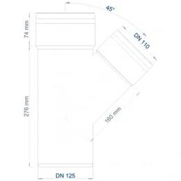 Technisches Diagramm einer Rohrverbindung mit einem Hauptvertikalabschnitt und einem 45°-geneigten Abzweig mit der Bezeichnung DN 110; Hauptrohr mit der Bezeichnung DN 125 mit den Abmessungen 74 mm, 276 mm und 180 mm.