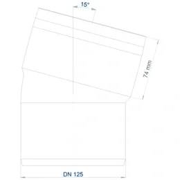 Technisches Schaubild einer geneigten Rohrverbindung mit der Bezeichnung DN 125, das einen Winkel von 15° und eine Höhendimension von 74 mm zeigt.
