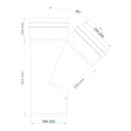 Technisches Diagramm einer 45°-Rohrbiegung mit der Bezeichnung DN 200, mit folgenden Hauptabmessungen: 124 mm oben, 423 mm vertikal und 229 mm Diagonallänge.
