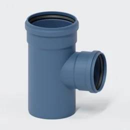 Blaues PVC-Rohrverbindungsstück mit seitlichem Abzweigungsausgang, dargestellt auf weißem Hintergrund.