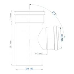 Technisches Schaubild einer Rohrverschraubung mit einem vertikalen Hauptrohr und einem seitlichen Abzweig; die Abmessungen umfassen DN 160, DN 125, 251 mm, 77 mm, 103 mm und 67,5°.