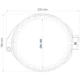 Technische Zeichnung einer kreisförmigen Klemme oder eines Ringes, bezeichnet mit DN 160, mit Abmessungen von 233 mm Breite und 184 mm Höhe.