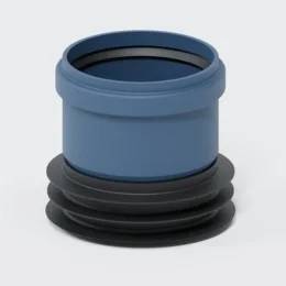 Blaue zylindrische Rohrverschraubung mit schwarzer gerippter Basis auf weißem Hintergrund.