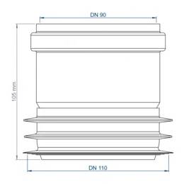 Technische Linienzeichnung einer gestuften Rohrbefestigung oder eines Reduzers, oben mit DN 90 gekennzeichnet, unten mit DN 110 und 105 mm Höhe.