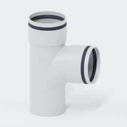 Weiße PVC-Rohrverschraubung in T-Form mit zwei offenen Enden und schwarzen Dichtungsringen auf schlicht strukturiertem Hintergrund.
