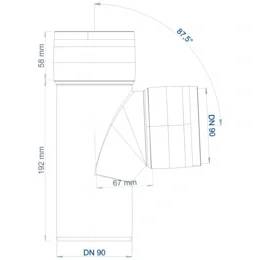 Technische Zeichnung einer Rohrkrümmer-Fitting mit Abmessungen: 67 mm Biegung, 87,5° Winkel, DN 90, 192 mm Länge, 58 mm Oberteil.