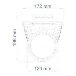 Technische Linienzeichnung eines kreisförmigen Geräts mit beschrifteten Abmessungen von 172 mm Breite, 199 mm Höhe und 129 mm Basisdurchmesser.