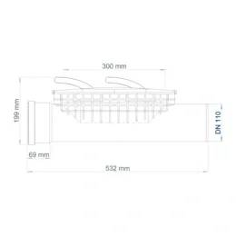 Technische Seitenansicht eines Ablaufsiebkorbsatzes mit Abmessungen 300 mm, 532 mm, 199 mm, 69 mm und DN 110.