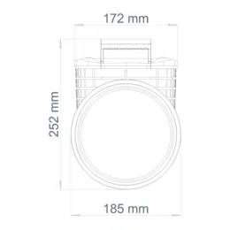 Technische Zeichnung einer kreisförmigen Vorrichtung, Vorderansicht mit beschrifteten Abmessungen: 172 mm Breite, 252 mm Höhe und 185 mm Gesamtdurchmesser.