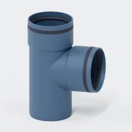 Blaues PVC-Rohrverschraubung in T-Form mit einer vertikalen Öffnung und einem horizontalen Seitenauslass.