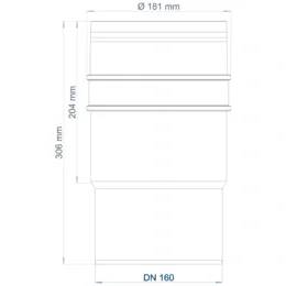 Technische Zeichnung eines zylindrischen Rohr- oder Kanalabschnitts, beschriftet mit Ø181 mm, 306 mm, 204 mm und DN 160.