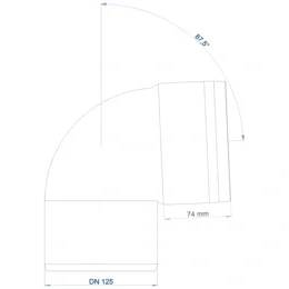 Technisches Diagramm einer 90°-Rohrkrümmung DN 125 mit Abmessungen einschließlich 74 mm und 87,5°.