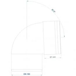 Technische Zeichnung einer 67,5°-Kniestückarmatur mit der Bezeichnung DN 160 und Versatzabmessungen von 87 mm.