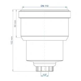 Technische Zeichnung einer zylindrischen Sanitärarmaturfassung mit gekennzeichneten Abmessungen DN 110, 152 mm, 69 mm und 1/2 Zoll Auslauf.