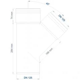 Technisches Diagramm einer Rohrverschraubung T-Stück mit Größe DN 125, abgewinkeltem Anschluss von 45° und Abmessungen 74 mm, 284 mm und 168 mm.