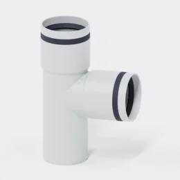 Weißer PVC-T-Rohrbogen mit zwei offenen Enden und dunklen Dichtungsringen, dargestellt vor einem einfachen hellen Hintergrund.