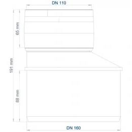 Technisches Diagramm eines Rohrreducers mit DN 110 zu DN 160 Anschlussgrößen und Abmessungen beschriftet 65 mm, 191 mm und 88 mm.