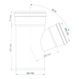 Technische Zeichnung einer Rohrverschraubung mit Hauptkörper vertikal DN 160, abgewinkeltem Abzweig DN 110 unter 67,5°, und markierten Abmessungen 77 mm, 281 mm und 126 mm.