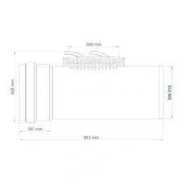 Technische Zeichnung einer zylindrischen Rohrarmatur mit gekennzeichneten Abmessungen 903 mm Länge, 428 mm Höhe, 187 mm linker Bereich, 300 mm oberer Bereich und DN 315 am rechten Ende.