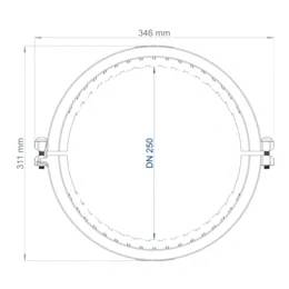 Technische Zeichnung einer kreisförmigen Rohrschelle oder Muffe, gekennzeichnet mit DN 250, mit Gesamtabmessungen 346 mm Breite und 311 mm Höhe.