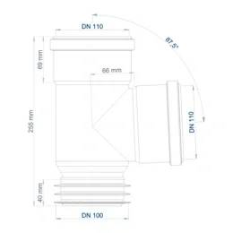 Technisches Diagramm einer weißen Rohrarmatur mit beschrifteten Abmessungen: DN 110 obere und seitliche Anschlüsse, DN 100 unten, 68 mm und 40 mm Messungen, 255 mm Gesamthöhe und 67,5° abgewinkelter Abzweig.