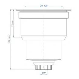 Technische Zeichnung einer zylindrischen Sanitärarmatur oder eines Filters mit beschrifteten Abmessungen DN 100, Höhe 154 mm, Schnitttiefe 72 mm und 1/2-Zoll-Bodenverbindung.