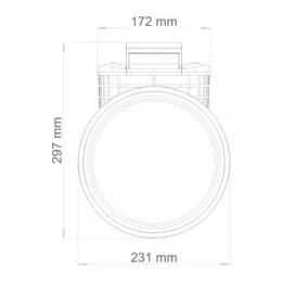 Technische Dimensionszeichnung eines kreisförmigen Geräts mit Größenmessungen: 172 mm Breite, 297 mm Höhe und 231 mm Durchmesser.